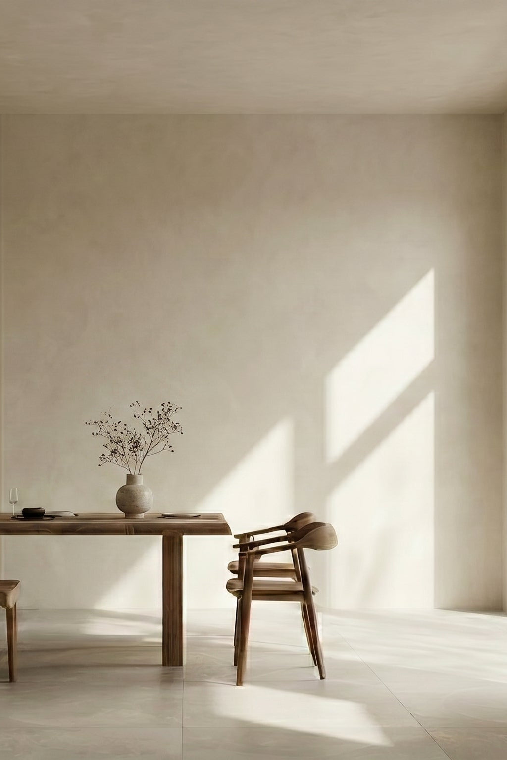 Minimalist dining room with bone limewash walls