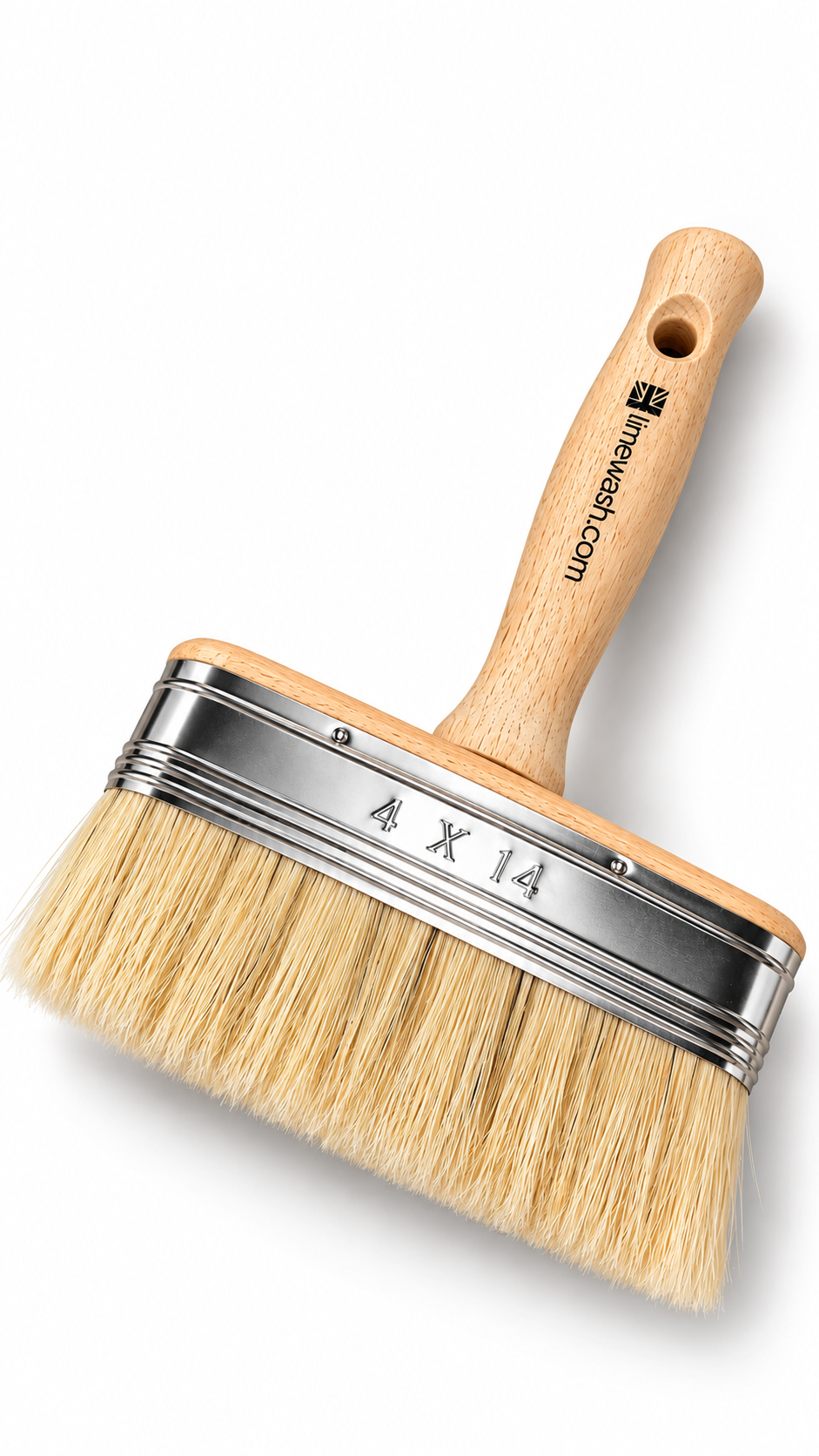 A 4 x 14 inch paint brush with natural beige bristles, a light wood handle, and a silver metal ferrule, shown on a clean white background. The brand name 'TheArtist.