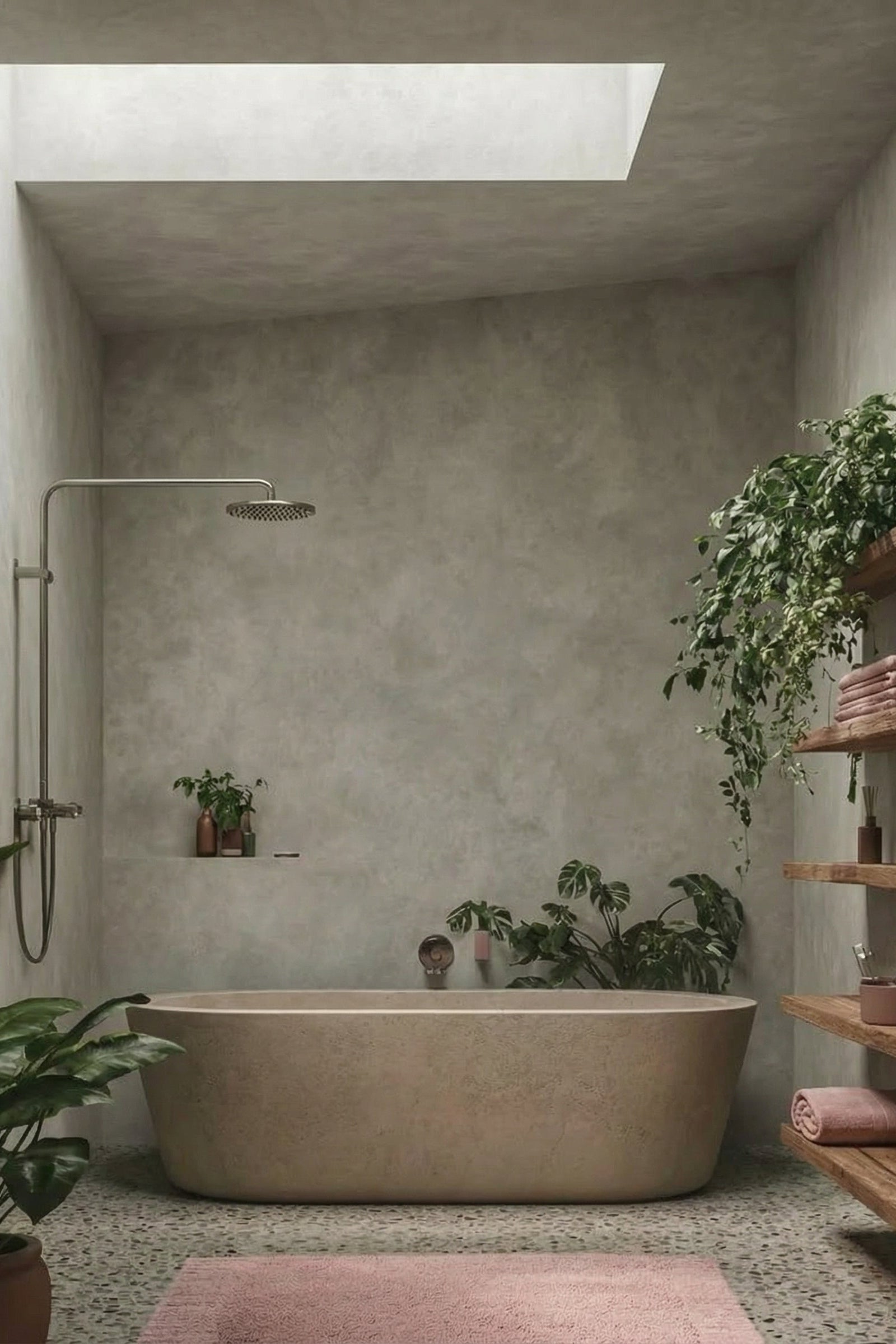 Modern bathroom with a bathtub with limewash walls in grey neutral colour