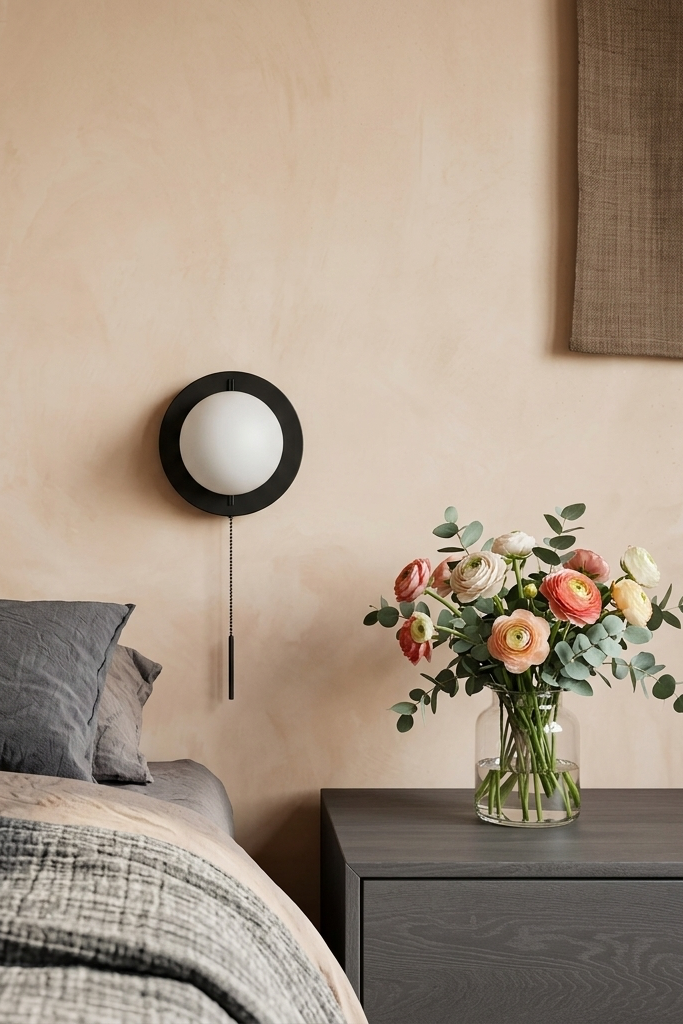 Modern minimal bedroom with peachy limewash walls