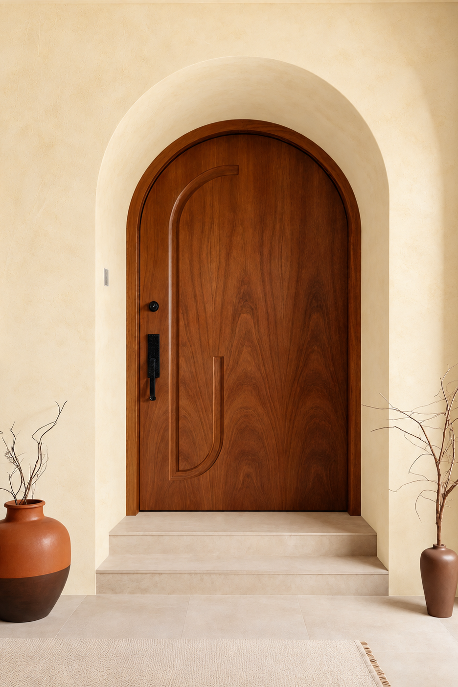 An arched wooden entry door with a warm medium-brown wood grain finish, set within a beige stucco archway on a two-step stone threshold. Decorative terracotta and brown ceramic vases with dried branches sit on either side of the entrance.