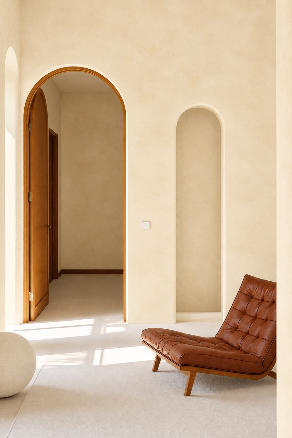 A modern brown leather lounge chair with a tufted backrest and wooden legs sits in a minimalist room with beige plaster walls, arched doorways, and a white spherical decor piece.
