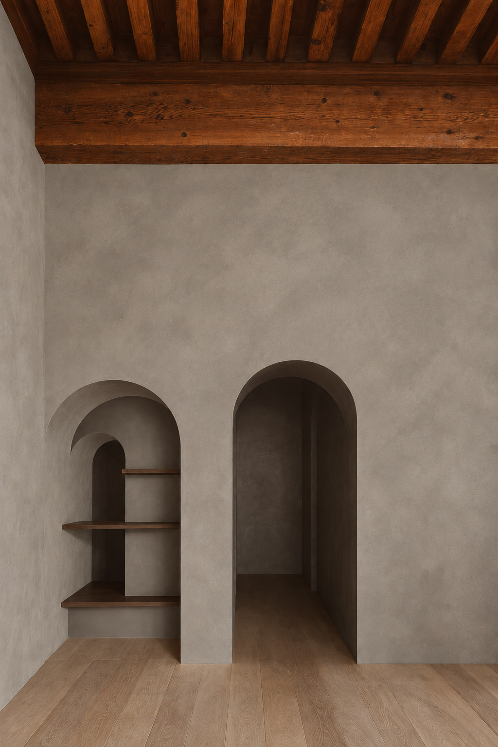 A minimalist interior design scene featuring textured gray plaster walls with two arched alcoves, one containing wooden shelves and the other an open passage, under a rustic wooden ceiling.