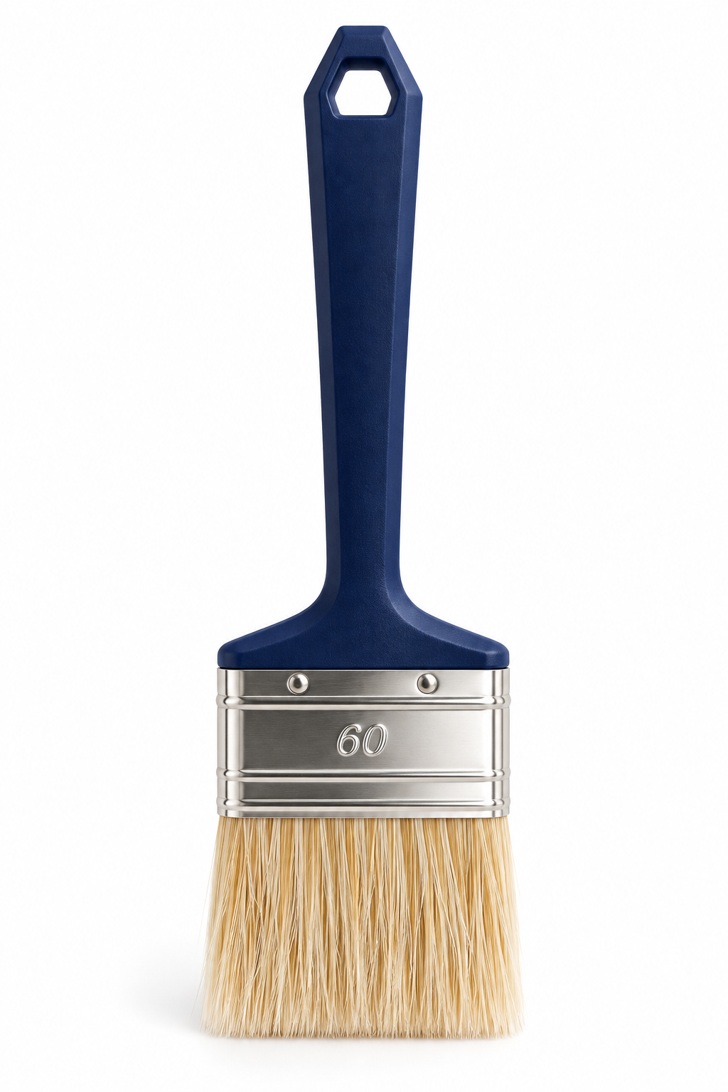 A paint brush with a dark blue handle, a silver metal ferrule, and natural beige bristles. The ferrule is marked with the number 60.