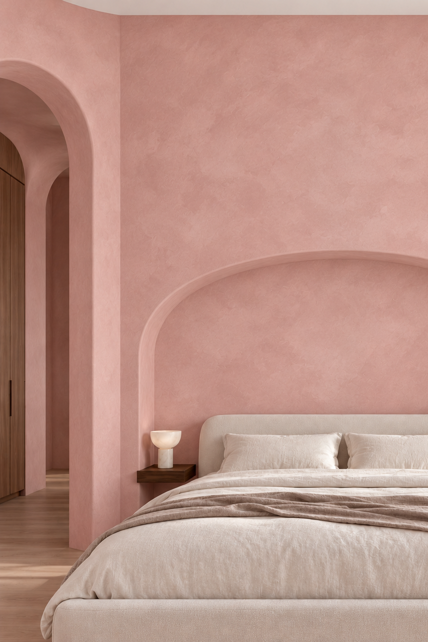 A minimalist bedroom featuring a large bed dressed in cream bedding and a taupe throw, set against a dusty pink plaster wall with an arched recess. Matching pink plaster arches frame the bed, with small white table lamps on dark wood nightstands and sheer white curtains on the right.