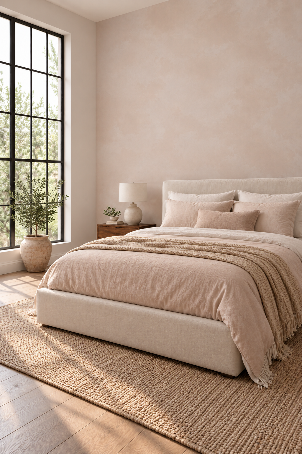 A minimalist bedroom scene featuring a bed dressed in soft beige and cream bedding, set on a natural jute rug against a textured beige wall. A large black-framed window on the left lets in natural light, illuminating a potted plant and a wooden nightstand with a white lamp.