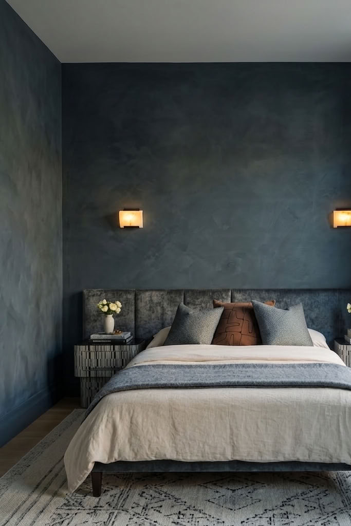 A styled bedroom interior featuring a bed dressed in neutral beige and gray linens, set against a dark textured blue-gray wall with two warm wall sconces. The room includes matching gray curtains, a patterned rug, and a large window on the right.