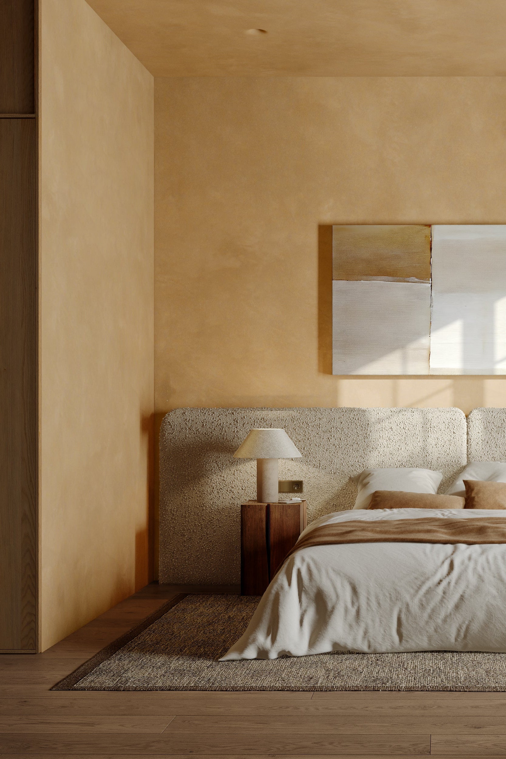 modern minimal bedroom with limewash walls yellow tone