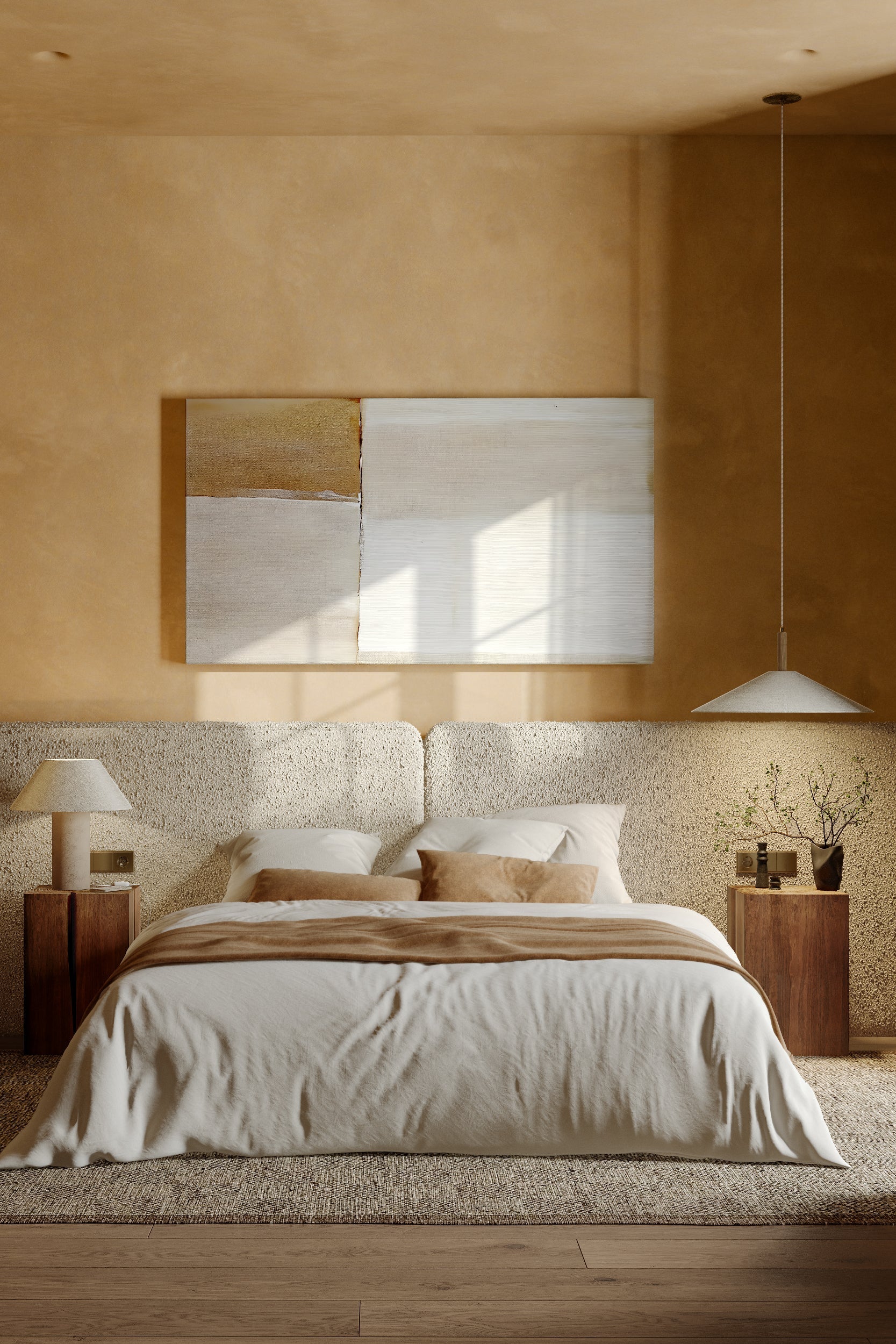 Modern bedroom with limewash yellow walls, a bed, and large windows.