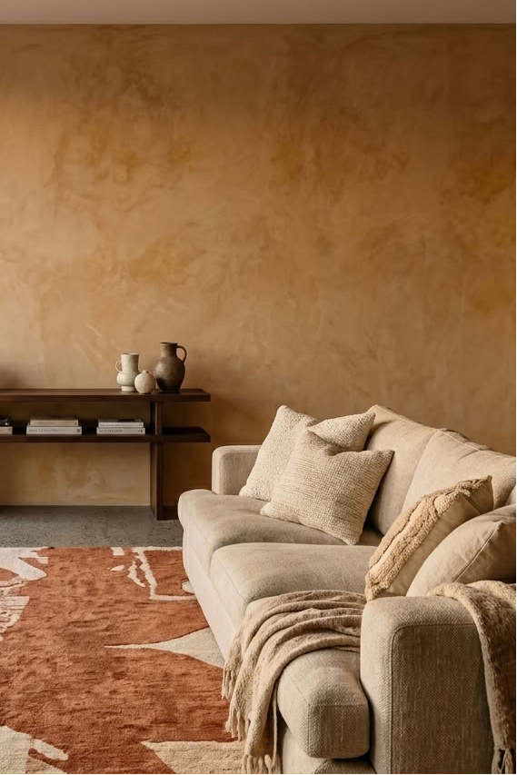 A styled living room interior with a textured warm beige plaster wall, a cream sofa with neutral pillows, a rust-orange patterned rug, and a dark wood console holding ceramic vases. Large glass sliding doors on the left reveal an outdoor balcony and city view.