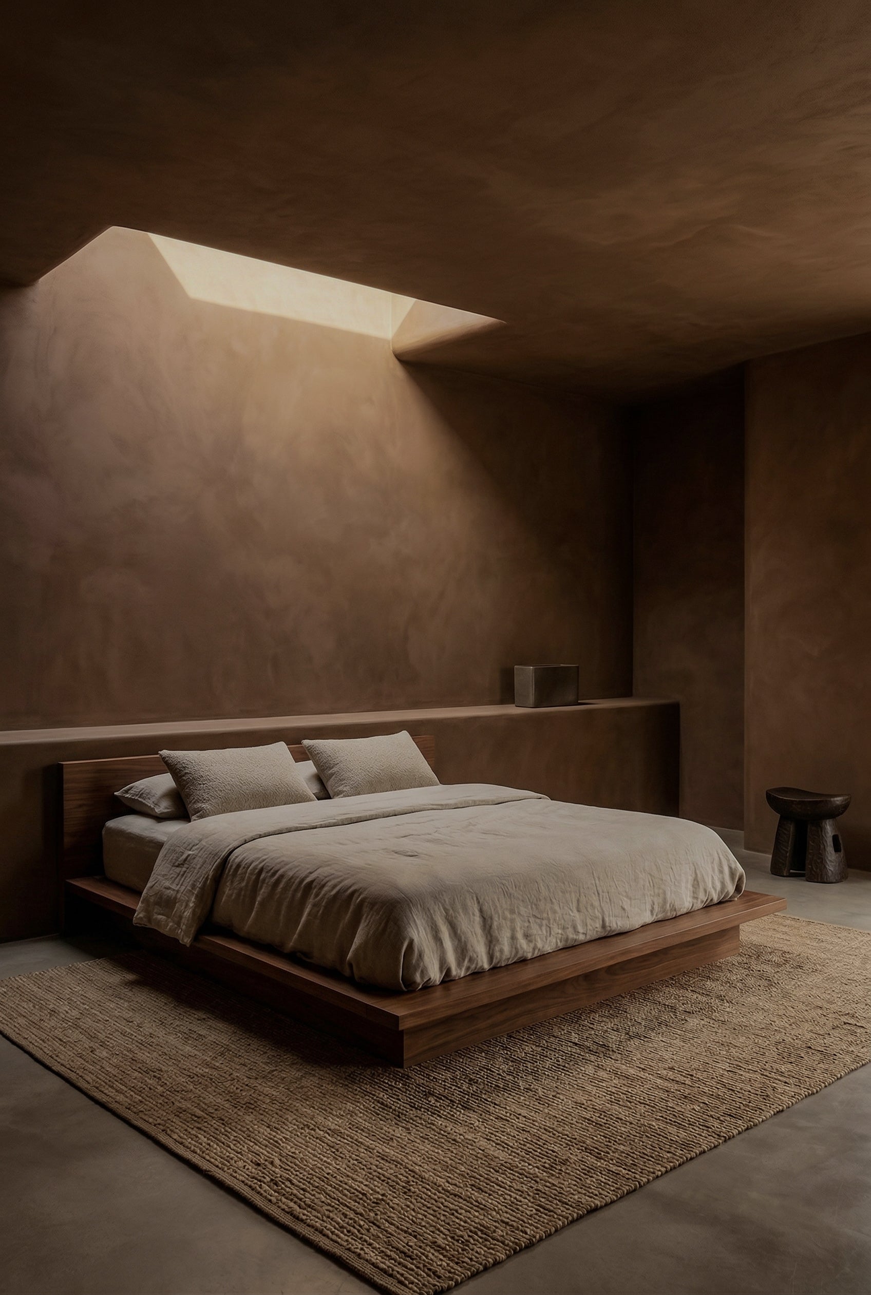 Rustic limewash brown warm tone minimal bedroom