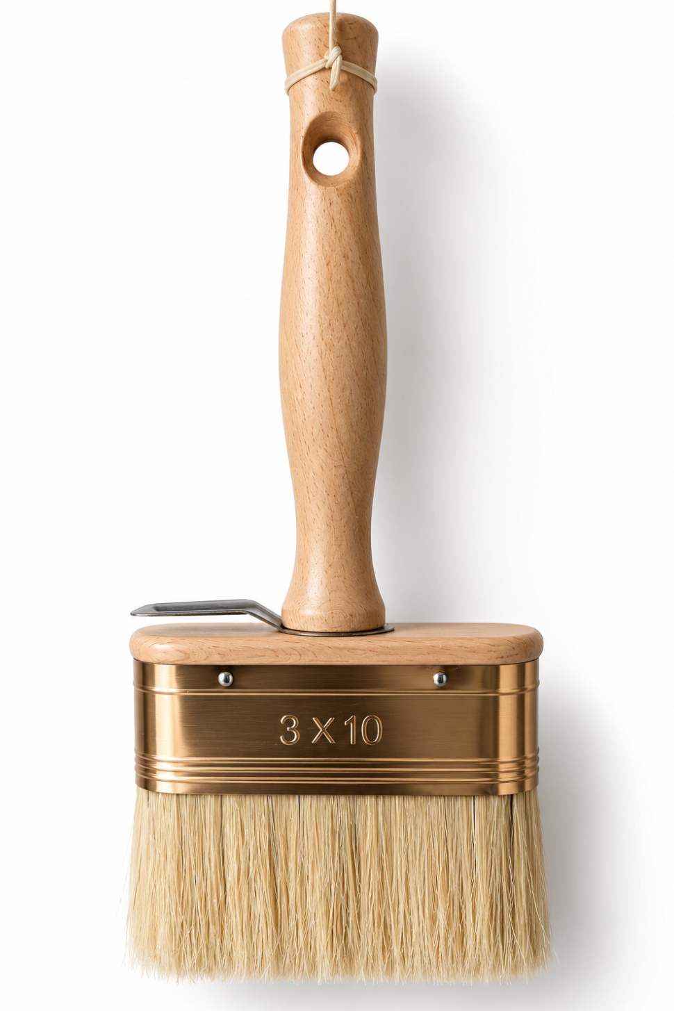 A 3x10 inch paint brush with a light natural wood handle, a brass metal ferrule, and natural straw bristles, shown against a plain white background.