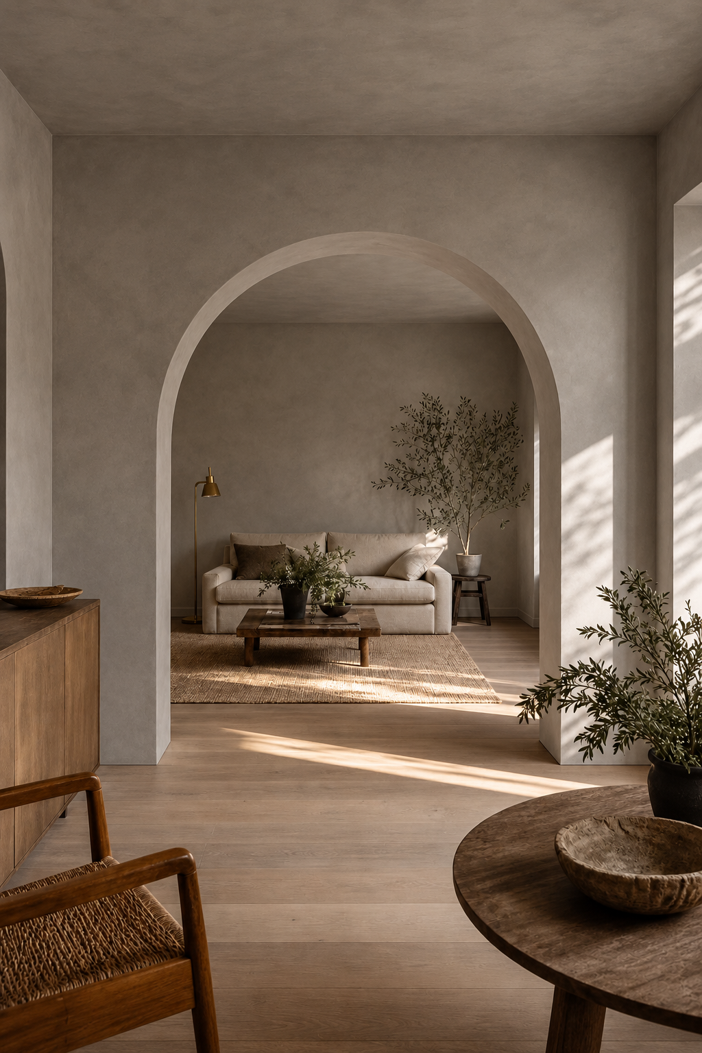 A warm, minimalist interior scene with a large arched doorway leading to a living room with a beige sofa, wooden coffee table, and plants. The foreground features a round wooden table and a wooden chair with a woven seat, set against textured plaster walls and light wood flooring.