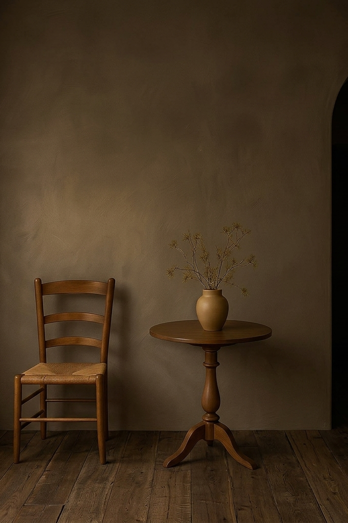 Wooden chair and table against a limewash textured wall in a dimly lit room.