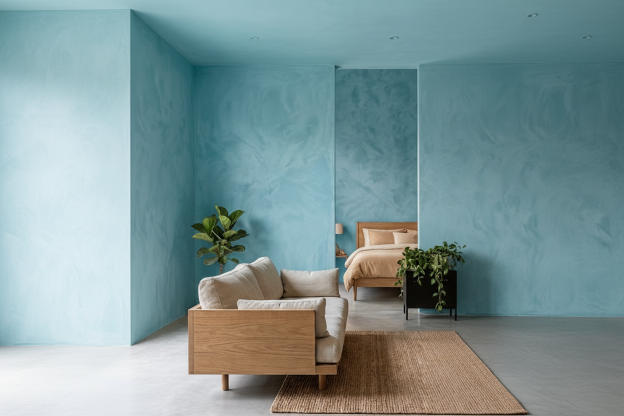A modern bedroom interior with textured blue walls, a light wood sofa with cream cushions, a bed with beige bedding, a dark wood side table, and a woven rug.