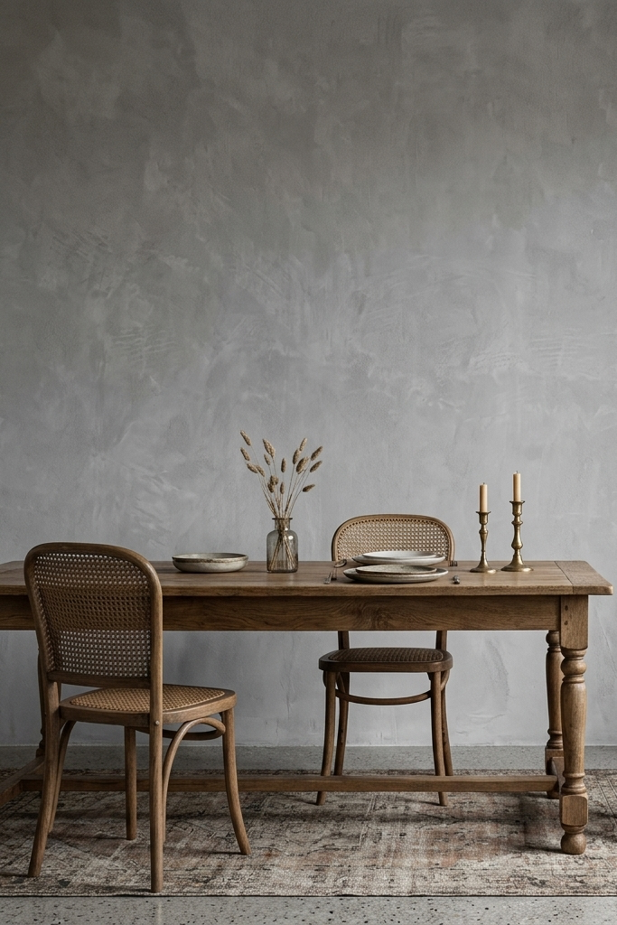 A rustic wooden dining table set with woven chairs, two wooden stools, a distressed area rug, and a tall floor lamp against a textured gray plaster wall.