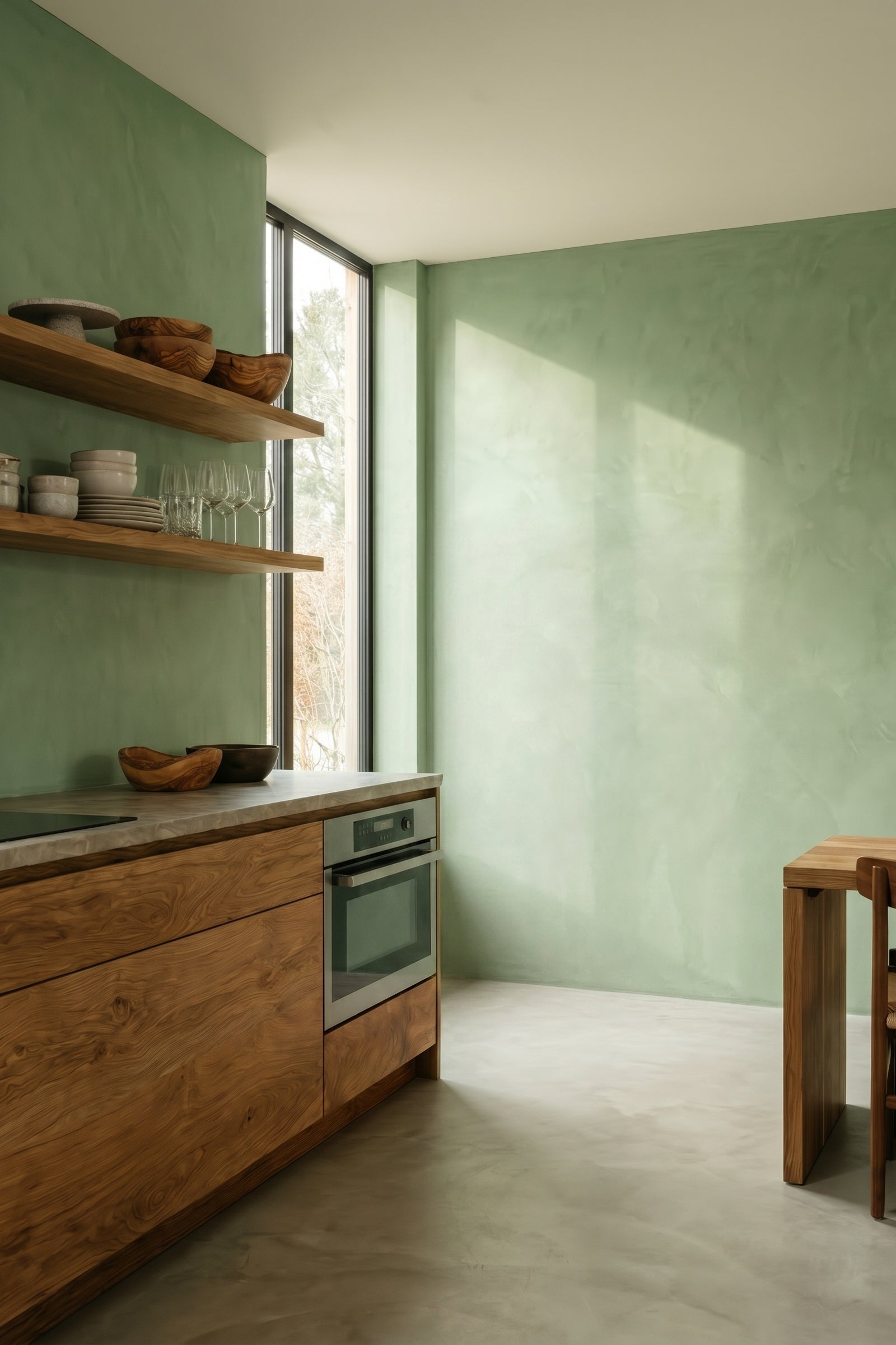 Green minimal limewash kitchen