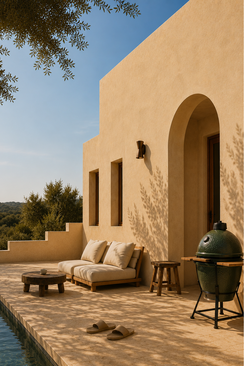 A luxury outdoor patio scene next to a swimming pool, featuring a beige stucco building with an arched entryway, a low wooden lounge chair with cushions, a small wooden table, a green ceramic grill, and dappled sunlight casting leaf shadows on the wall and floor and walls are lime washed with Limewash.com Havana