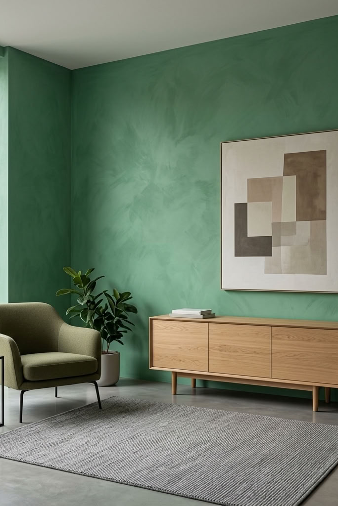 A styled interior room with sage green walls, a light wood sideboard, an olive green armchair, a small black side table, a gray rug, and a large abstract painting on the wall.