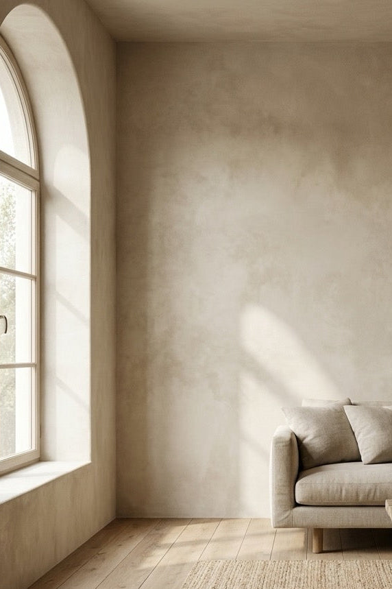 Beige living room with a sofa, coffee table, and large window.