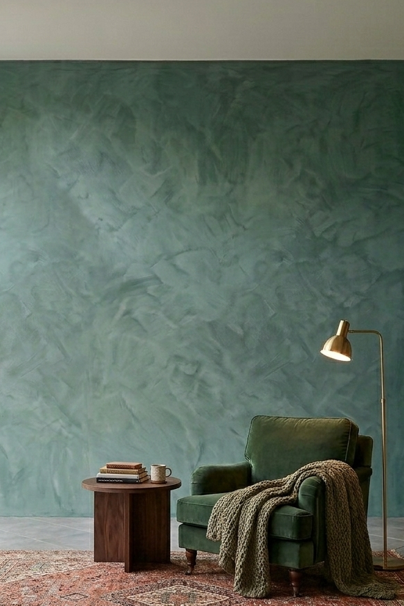 A styled interior room with a large textured sage green wall as the focal point, featuring a green armchair with a throw blanket, a small wooden side table, a patterned rug, and a tall wooden bookshelf.