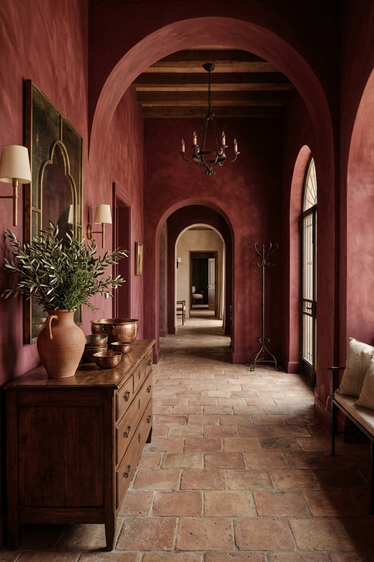 Stately hallway with red walls, wooden furniture, and a chandelier.