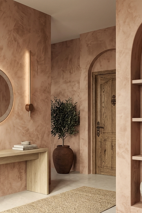 A styled interior entryway with blush pink textured walls, a light wood console table, a round decorative mirror, wall sconces, a woven rug, potted plants, and built-in shelving.