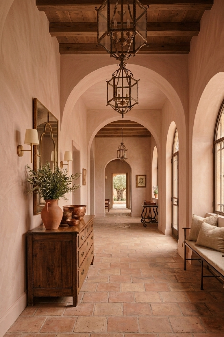 lime washed hallway with arched walls, wooden floor, and decorative elements