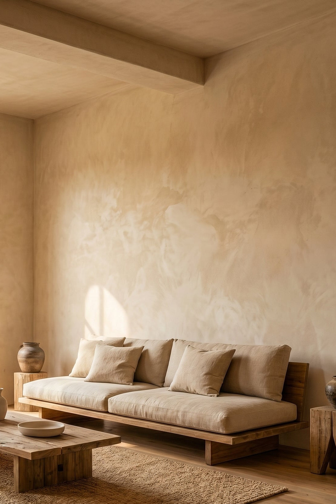Modern living room with neutral tones, a sofa, coffee table, and decorative items.