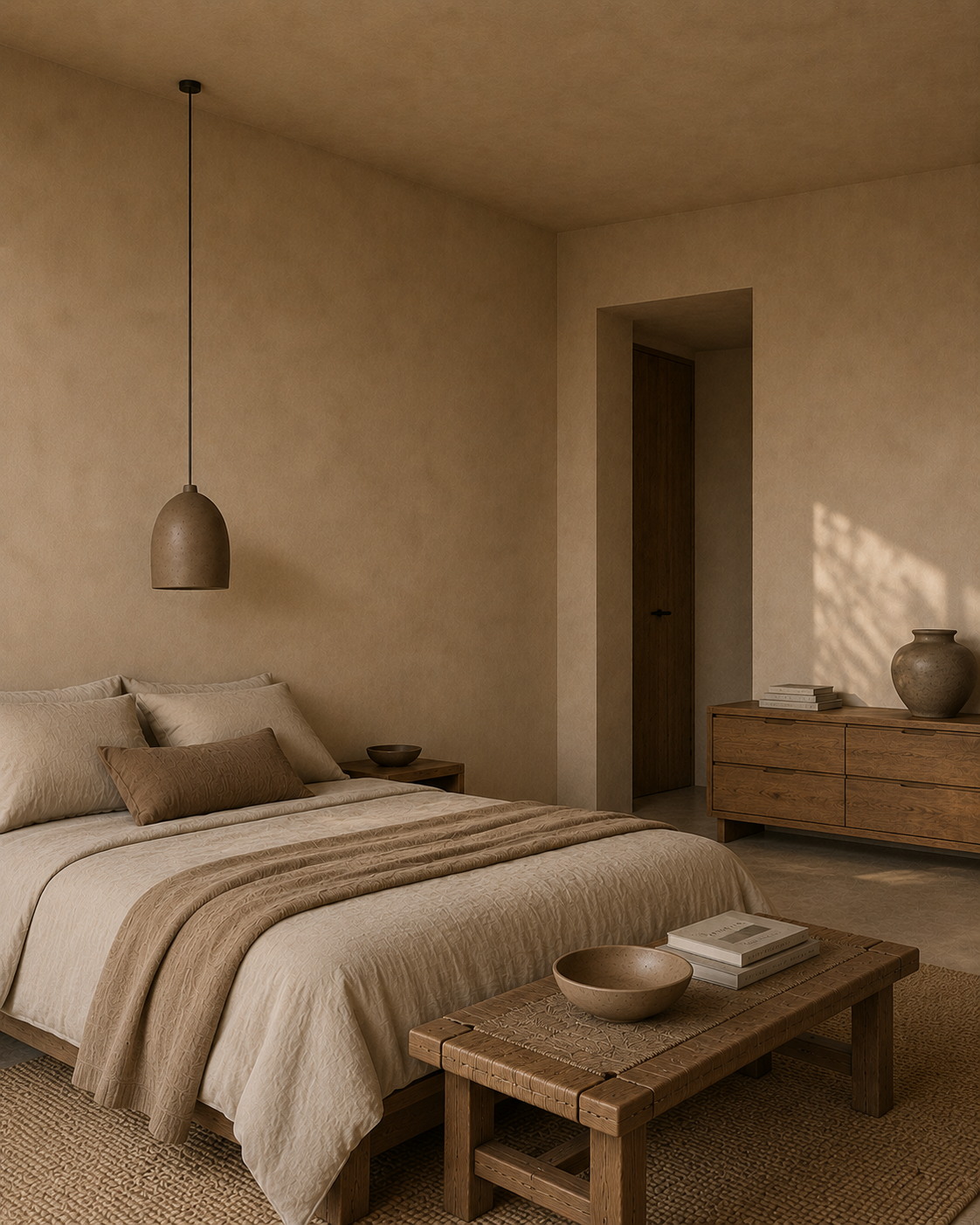 A minimalist bedroom interior with a bed dressed in neutral beige linens, a wooden bench at the foot of the bed, a matching pendant light, and a textured dresser in the background. The room has warm plaster walls and soft natural light casting shadows.