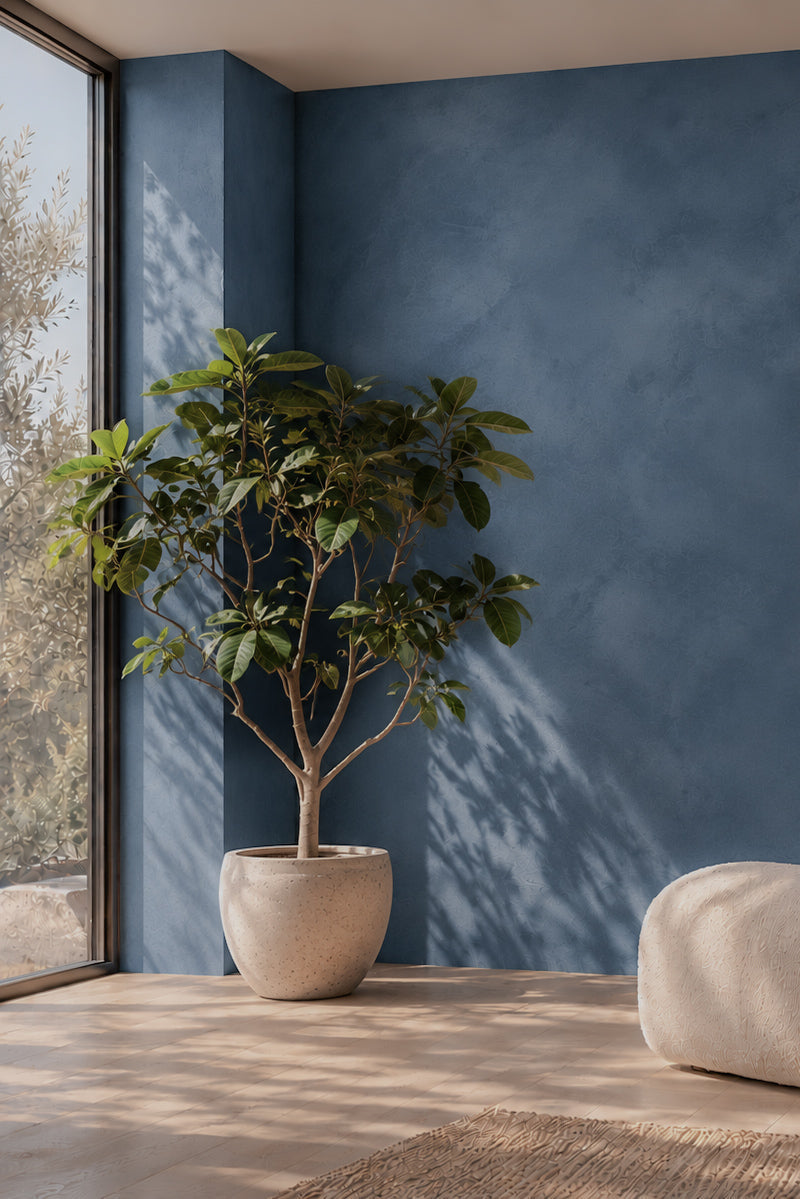 A modern beige armchair sits in a minimalist room with a a beautiful blue limewash textured  wall, a potted plant, and a large blank framed artwork.