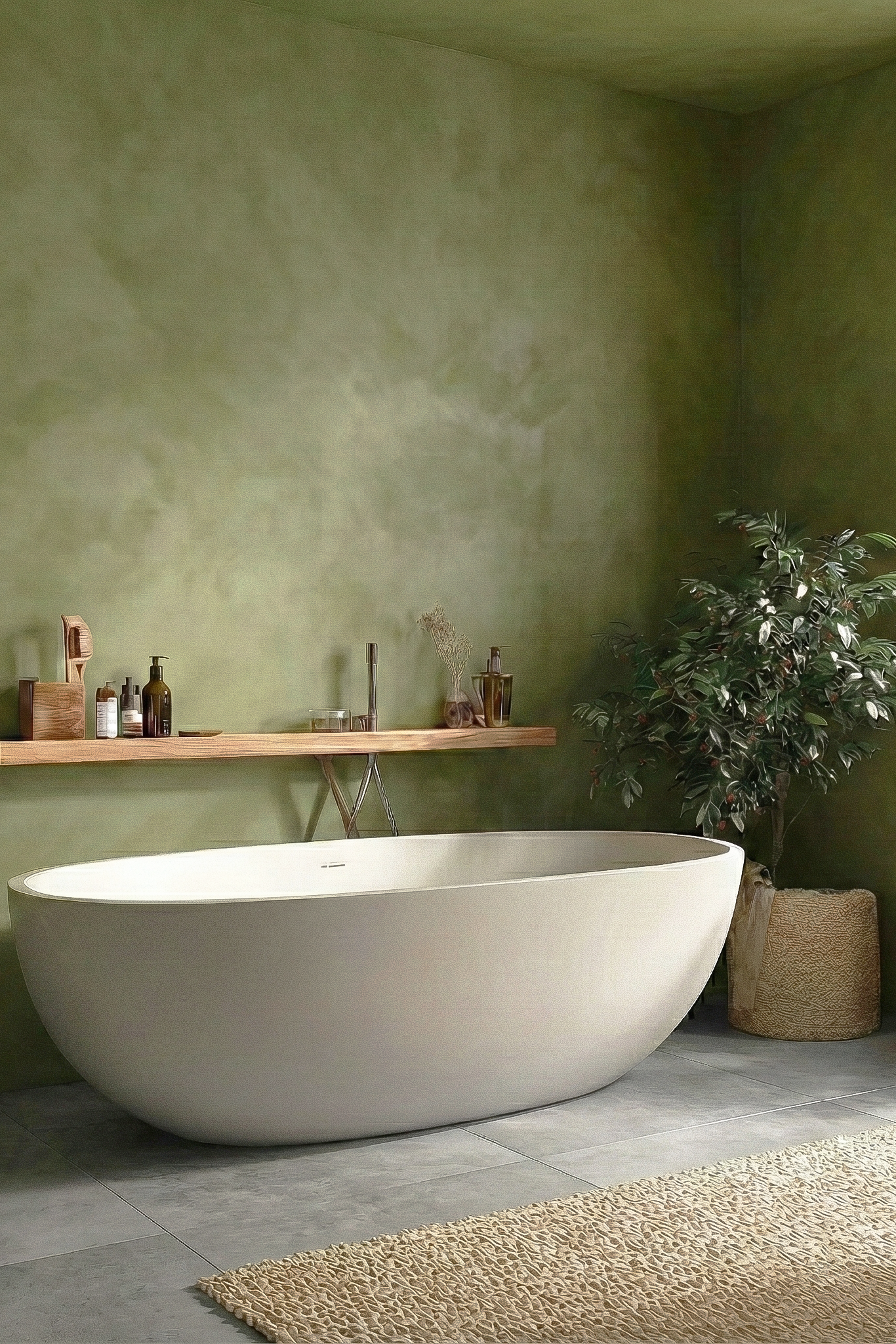 Modern minimal bathroom with a freestanding bathtub, green limewash walls, and plants.

