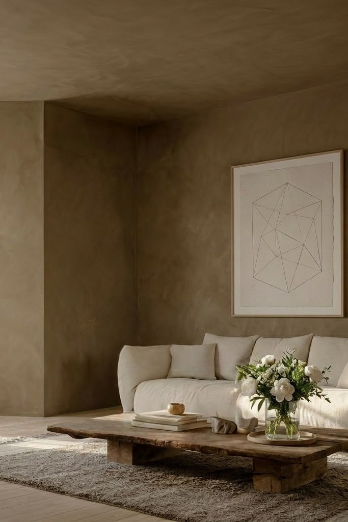 minimal scandinavian living room with brown Limewash walls 