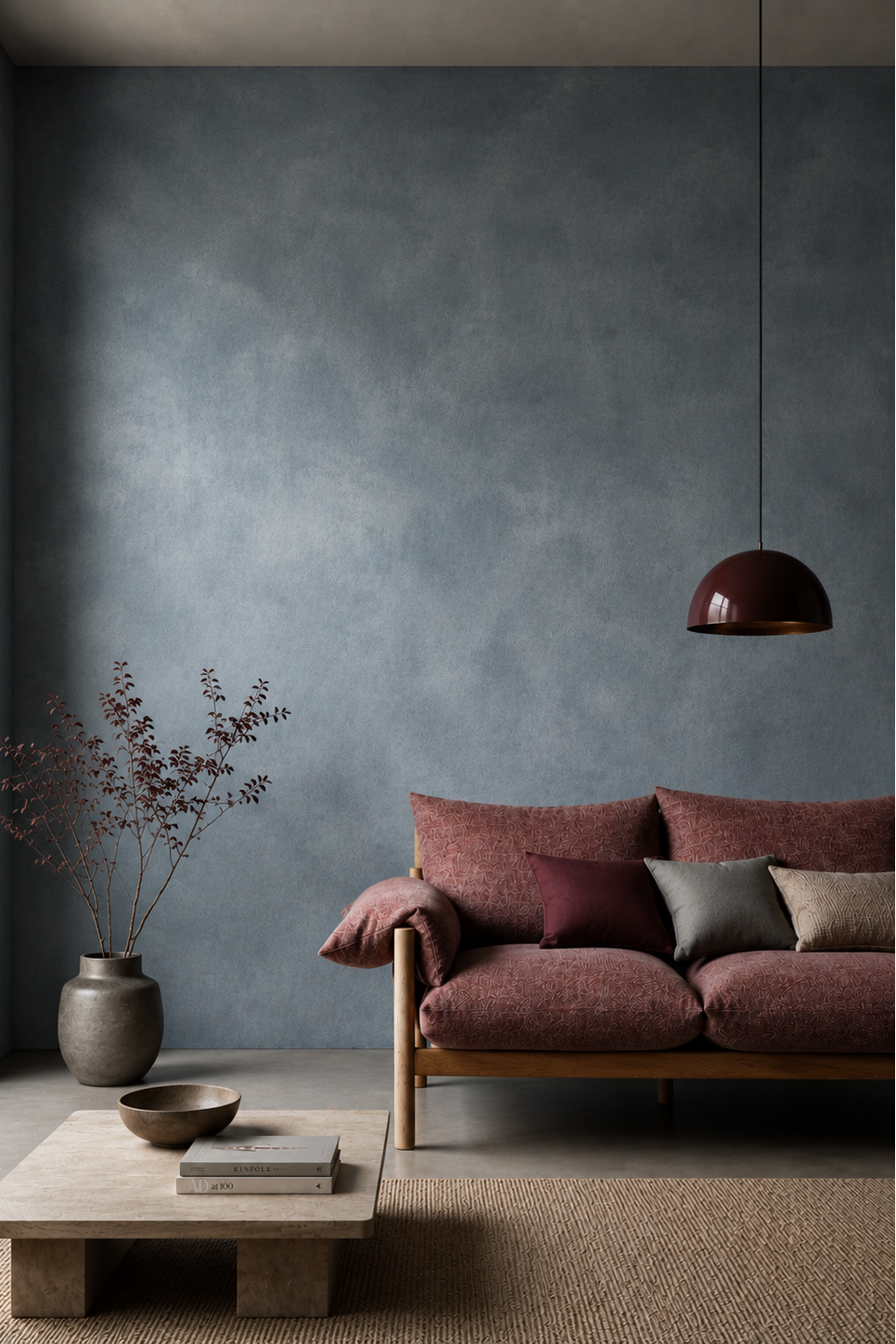 A styled living room corner featuring a textured slate blue-gray wall, a low wooden coffee table, a beige woven rug, a dusty rose sofa with accent pillows, and a dark bronze dome pendant light.