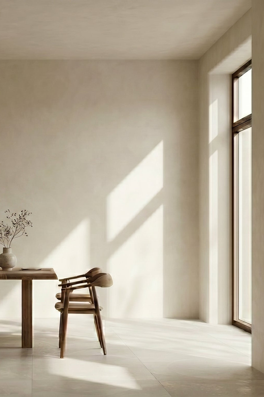 Minimalist limewash dining room with a wooden table and chairs in a sunlit room.
