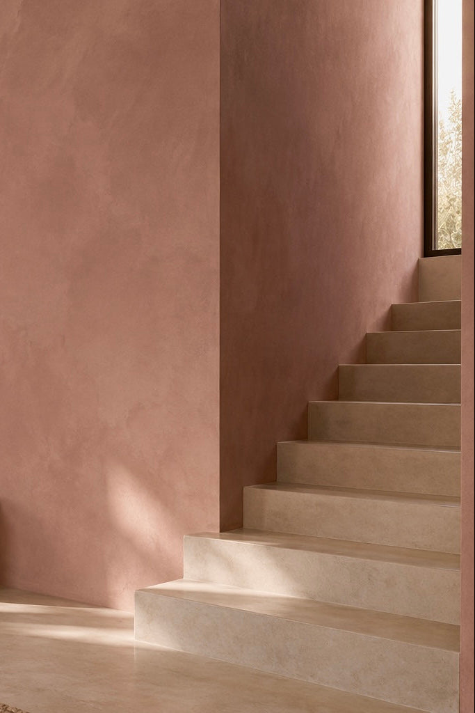 


A modern interior space with a dusty rose pink limewash walls by limewash.com, light beige stone stairs, a wooden bench, and a textured rug, with natural light streaming in from a window in the background.