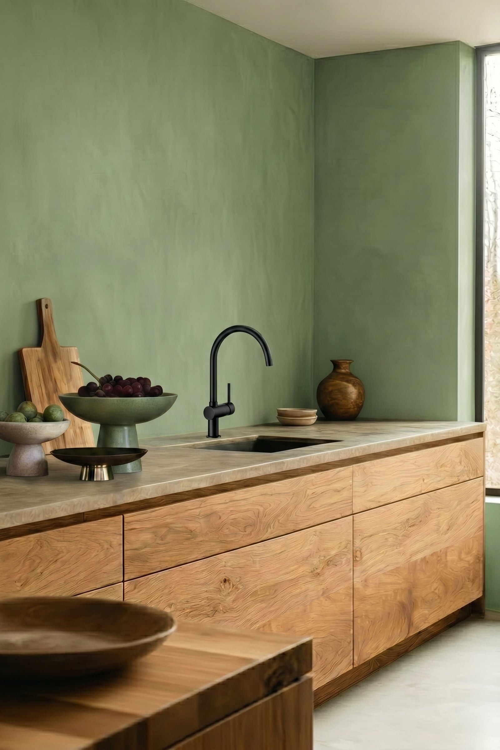 Green Limewash walls in the minimalistic kitchen 