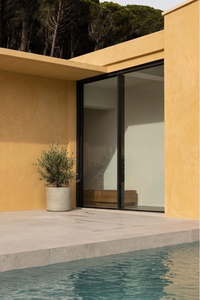 Modern architectural exterior with a warm ochre stucco wall, large black-framed sliding glass doors, potted plants, and a swimming pool in the foreground. walls painted with honeycomb by limewash.com
