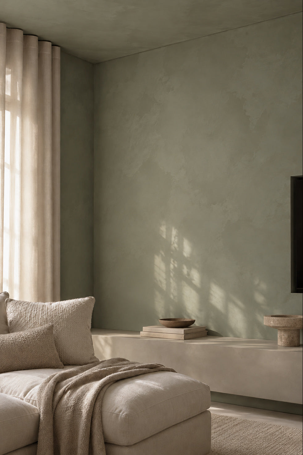 Limewash Green colour in minimal living room 