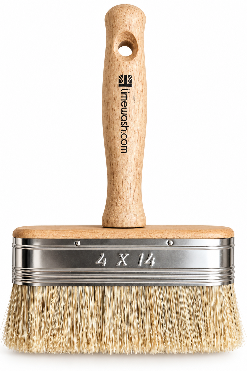 A 4 x 14 inch paint brush with natural bristles, a light wood handle, and a silver metal ferrule, shown on a white background. The handle is branded with 'linenuth.