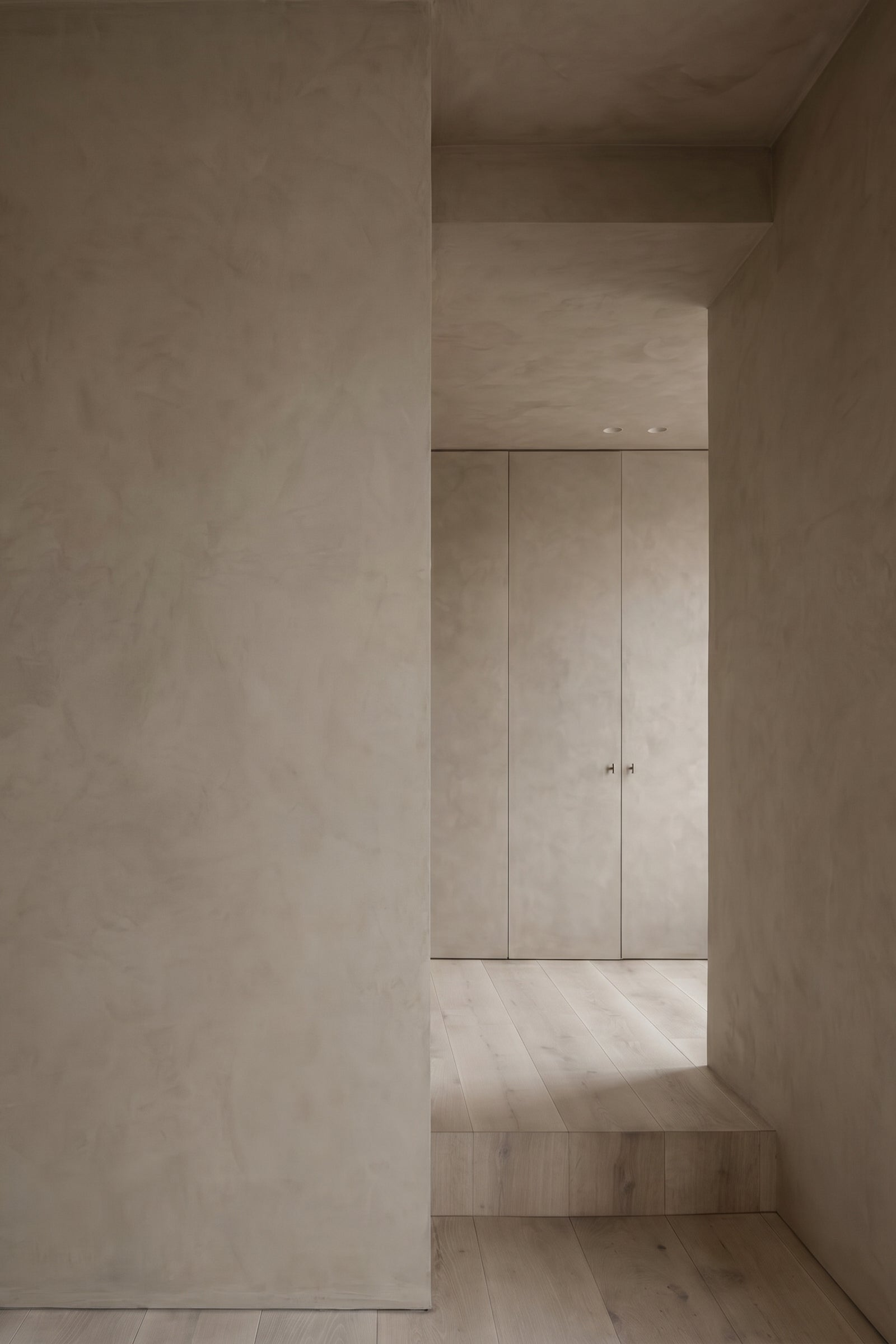 Minimalist interior with limewash colour drench  linen colour 