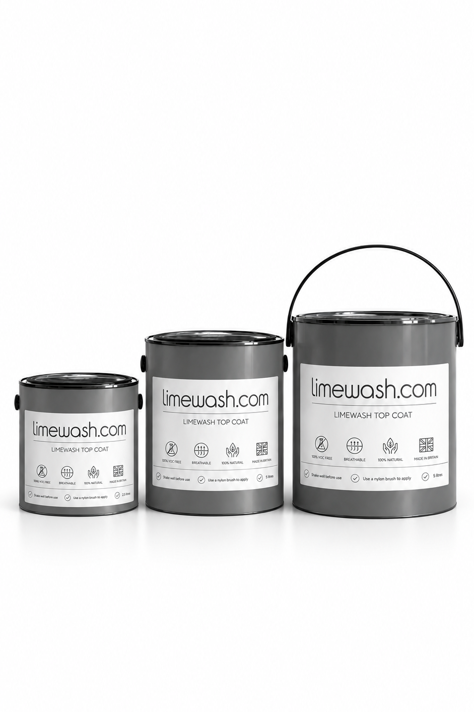 Three gray metal paint cans of different sizes with black handles, labeled 'limewash.com' and 'LIPSWAY TOP COAT', arranged on a white reflective surface against a white background.