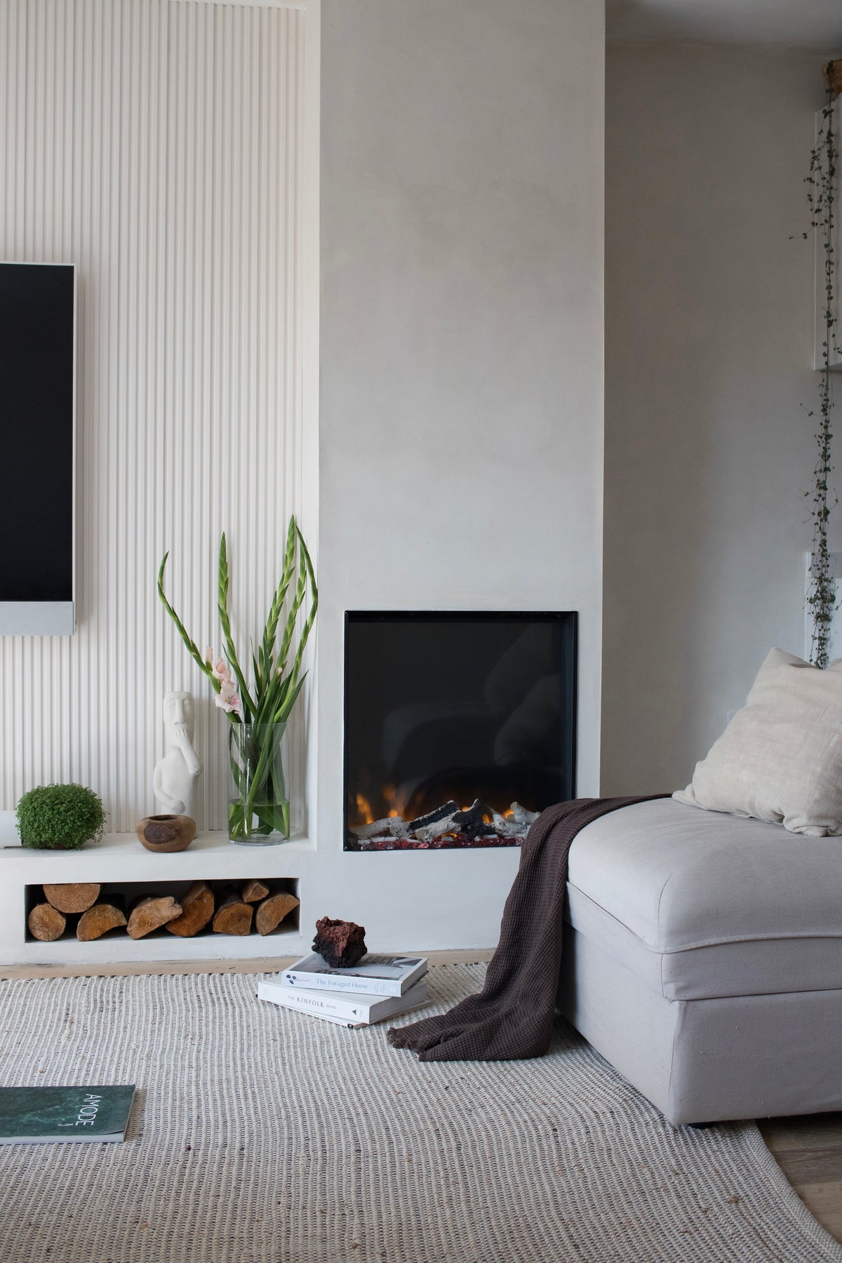 minimal interior with  calm neutral lime washed walls 
