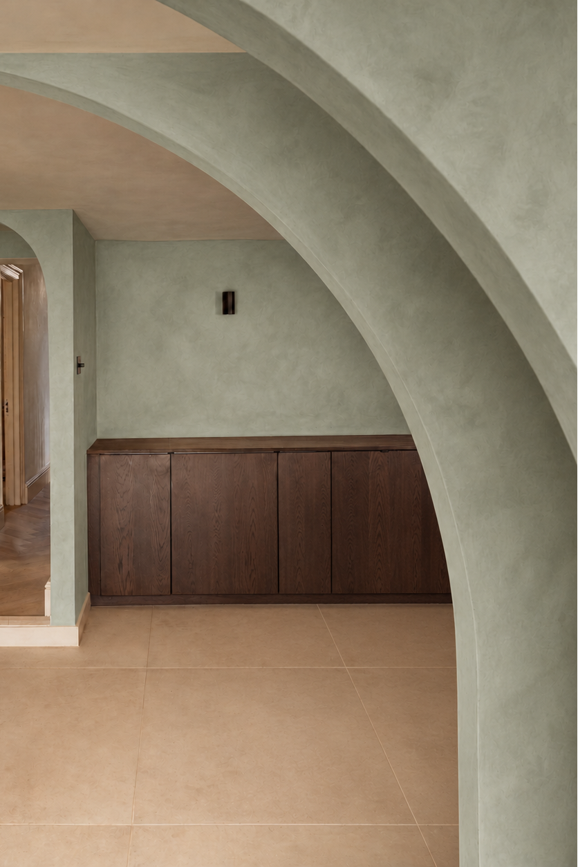 An interior architectural scene with beige tiled flooring, pale green stucco walls, arched openings, and dark wood cabinetry along the left and right sides.