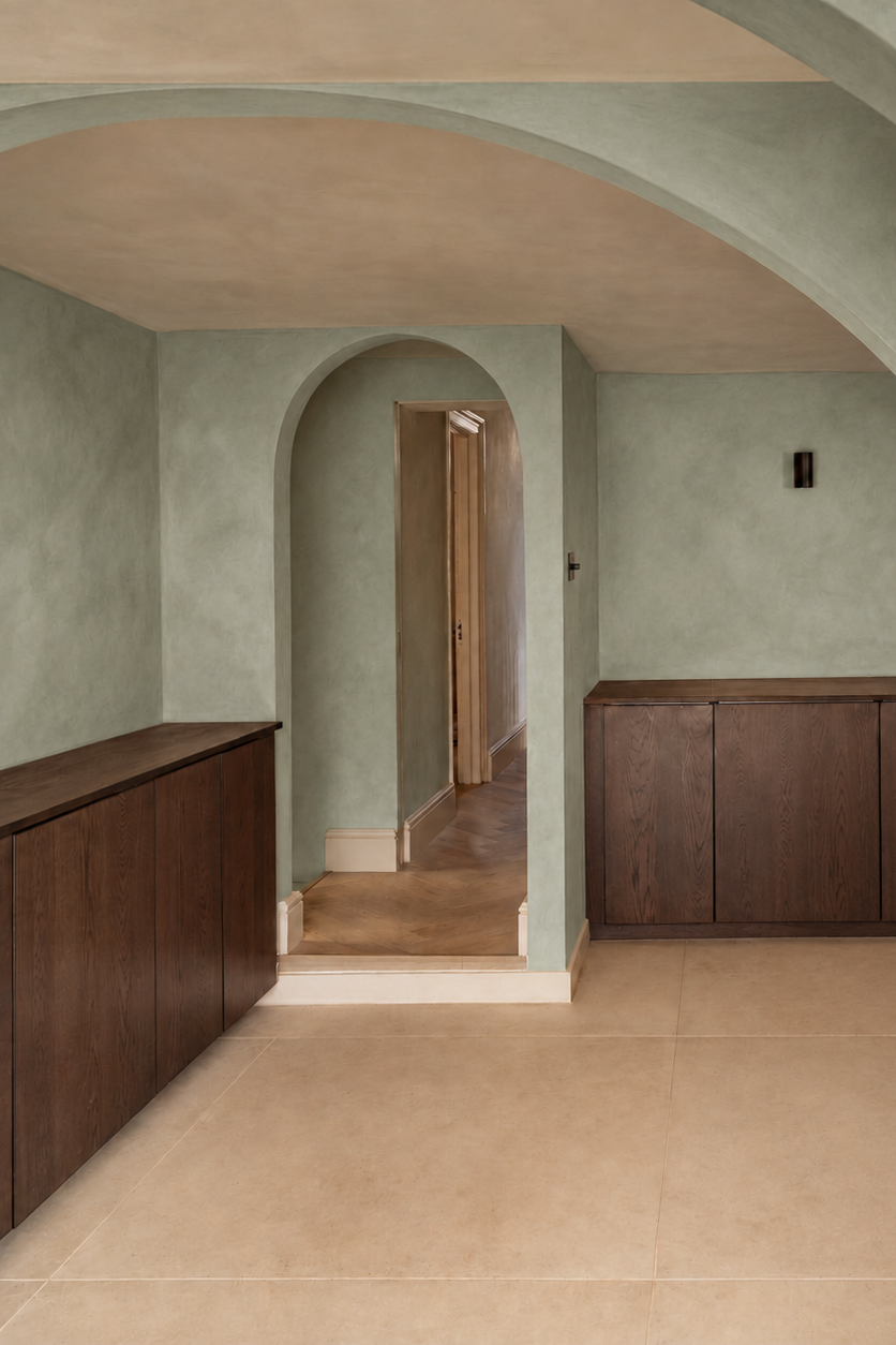 An interior architectural scene with beige tiled flooring, pale green stucco walls, arched openings, and dark wood cabinetry along the left and right sides.