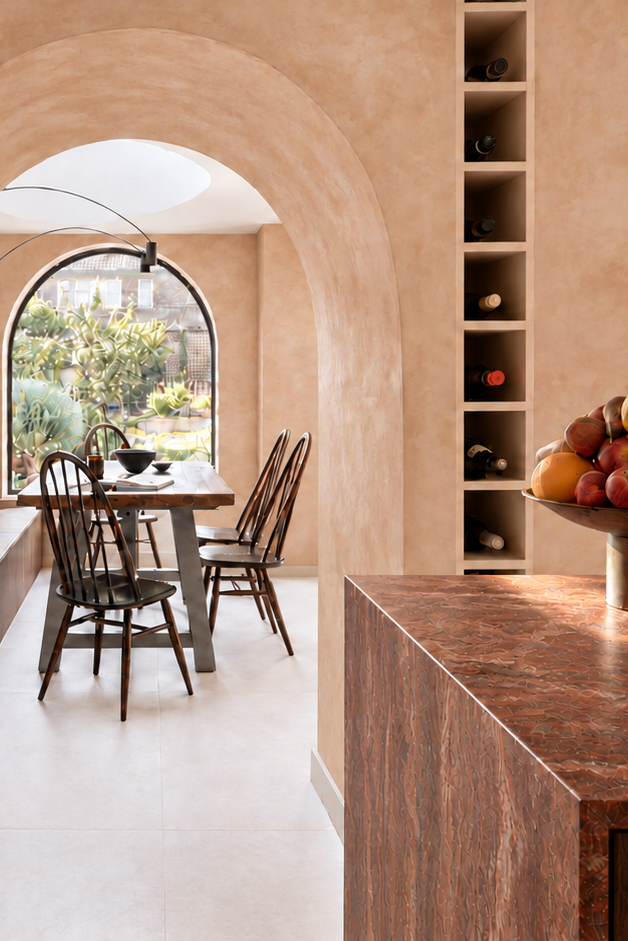 A modern interior scene with warm beige plaster walls, an arched doorway, a dining table with chairs, and a wooden countertop in the foreground holding a bowl of fruit.