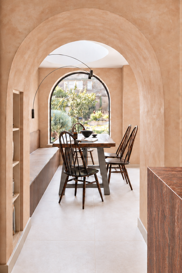A modern interior scene with warm beige plaster walls, an arched doorway, a dining table with chairs, and a wooden countertop in the foreground holding a bowl of fruit.