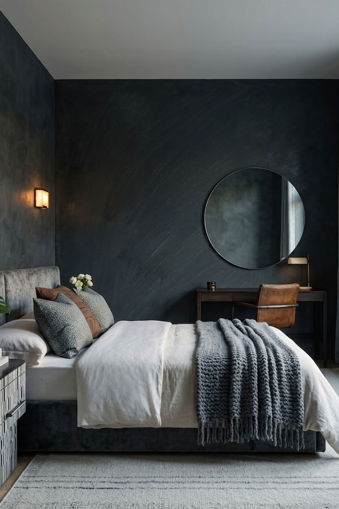 A modern bedroom interior with a dark charcoal textured wall, a bed dressed in white bedding and a gray throw blanket, a round wall mirror, a small desk with a chair, and a window with gray curtains.