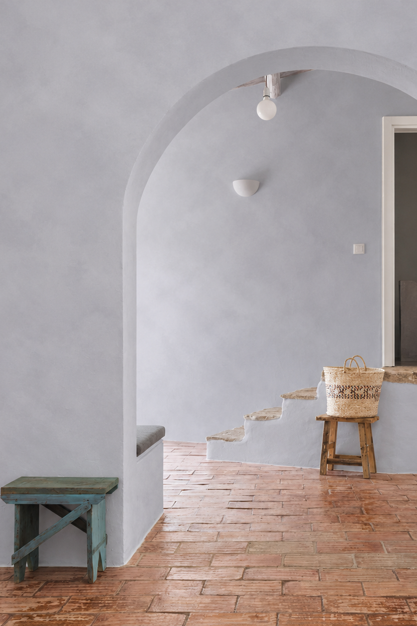 A minimalist interior scene with a light gray plaster wall, terracotta tile floor, white built-in shelves on the left, and an arched opening leading to a staircase. A small painted bench sits near the foreground, and a woven basket rests on a wooden stool further back.