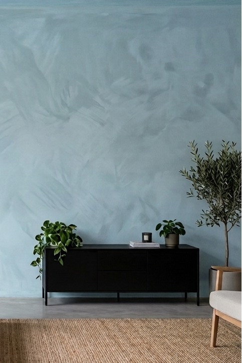 A styled modern living room featuring a light blue textured wall, a light wood sofa with cream cushions, a black floor lamp, a woven jute rug, and a black sideboard.